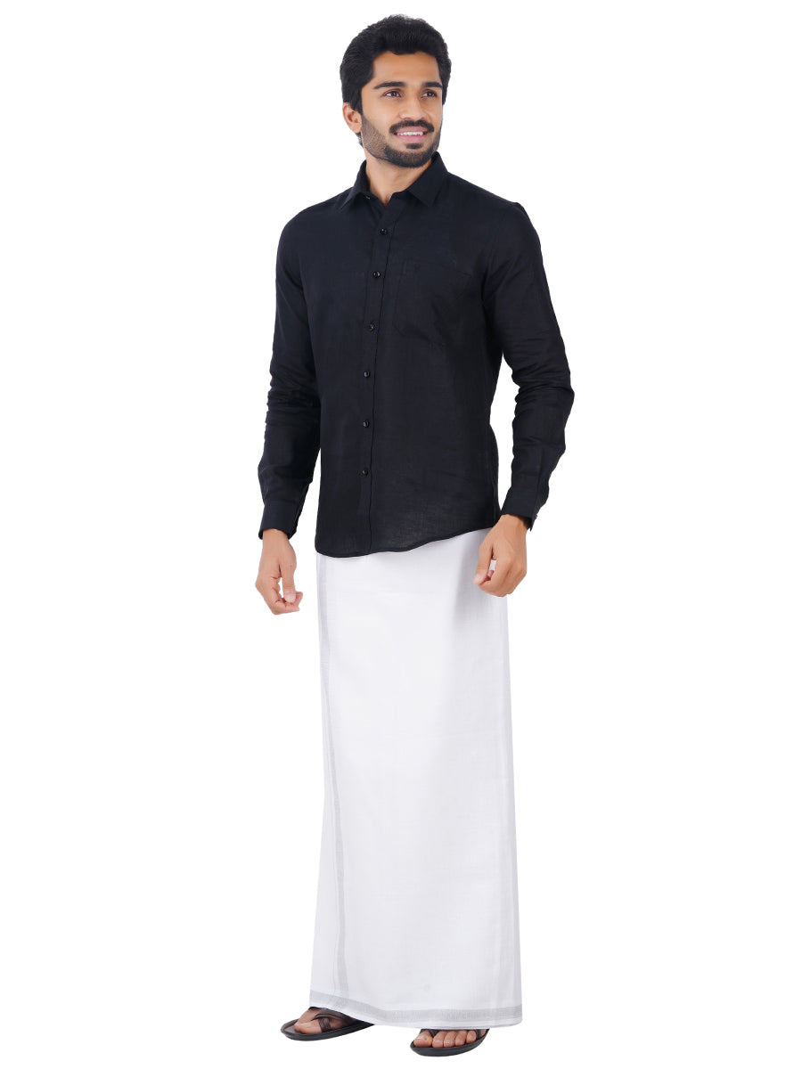 Mens Pure Linen White Dhoti & Full Sleeves Shirt Combo Black L60