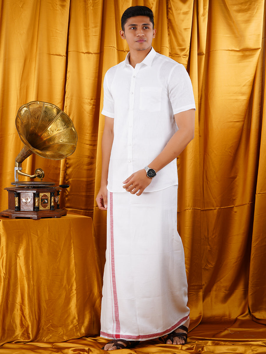 Mens Premium Pure Linen Shirt Half Sleeve with Double Dhoti White 770-Side view
