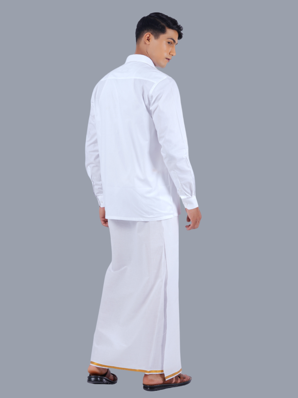 Mens Royal Cotton White Full Sleeves Shirt with 3/4'' Gold Jari Double Dhoti Combo-Back view