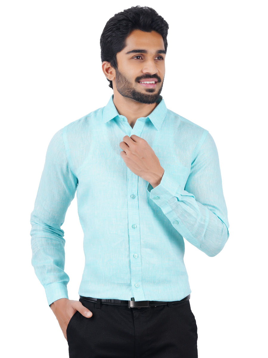 Mens Pure Linen Full Sleeves Shirt Sky Blue-Front view