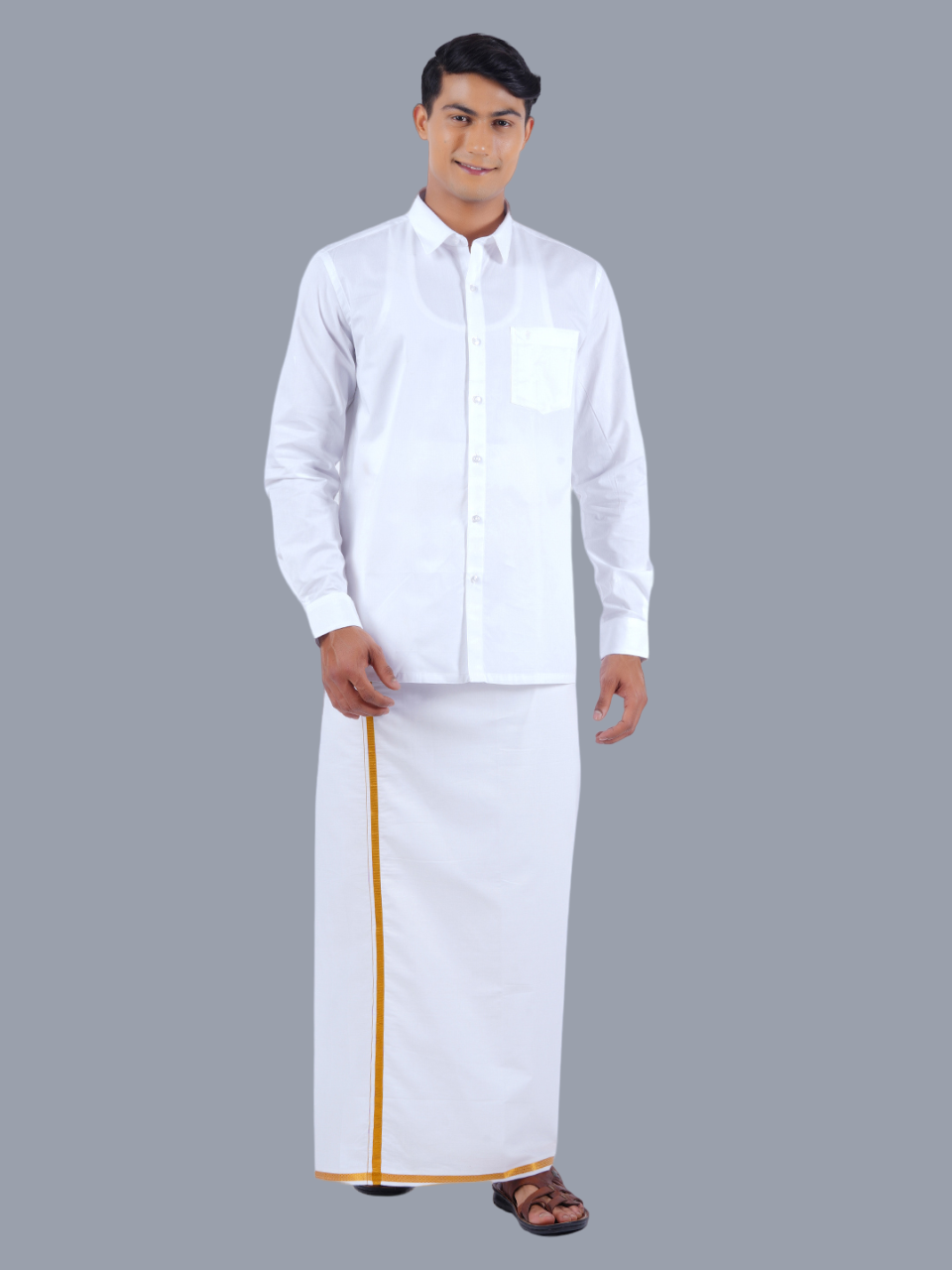 Mens Royal Cotton White Full Sleeves Shirt with 3/4'' Gold Jari Double Dhoti Combo