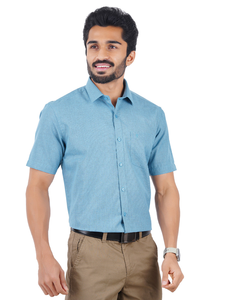 Mens Cotton Blended Formal Shirt Half Sleeves Dark Sky Blue T12 CK3