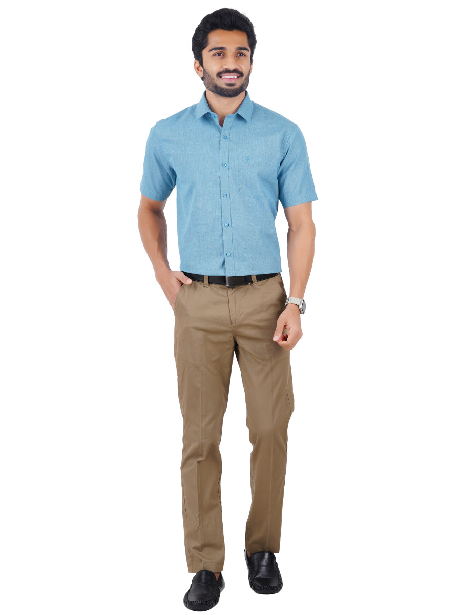 Mens Cotton Blended Formal Shirt Half Sleeves Dark Sky Blue T12 CK3-Full view