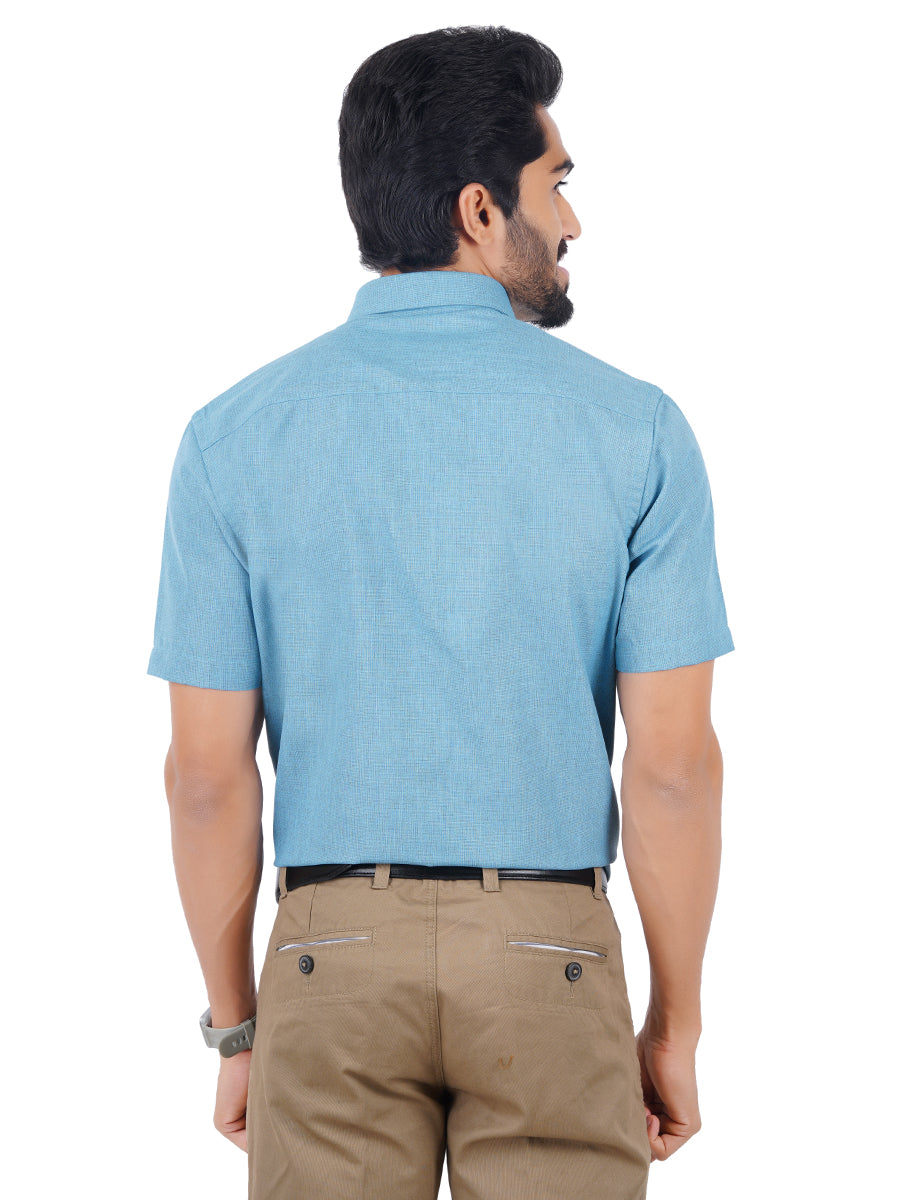 Mens Cotton Blended Formal Shirt Half Sleeves Dark Sky Blue T12 CK3-Back view