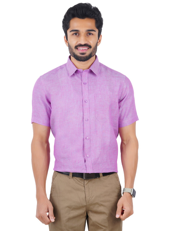 Mens Pure Linen Half Sleeves Shirt Purple