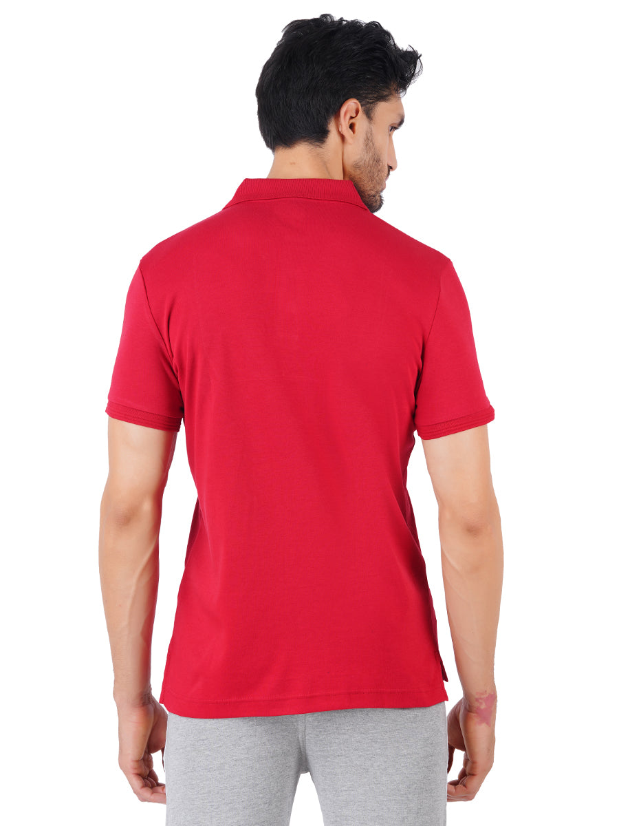 Men's Red Super Combed Cotton Half Sleeves Polo T-Shirt-Back view