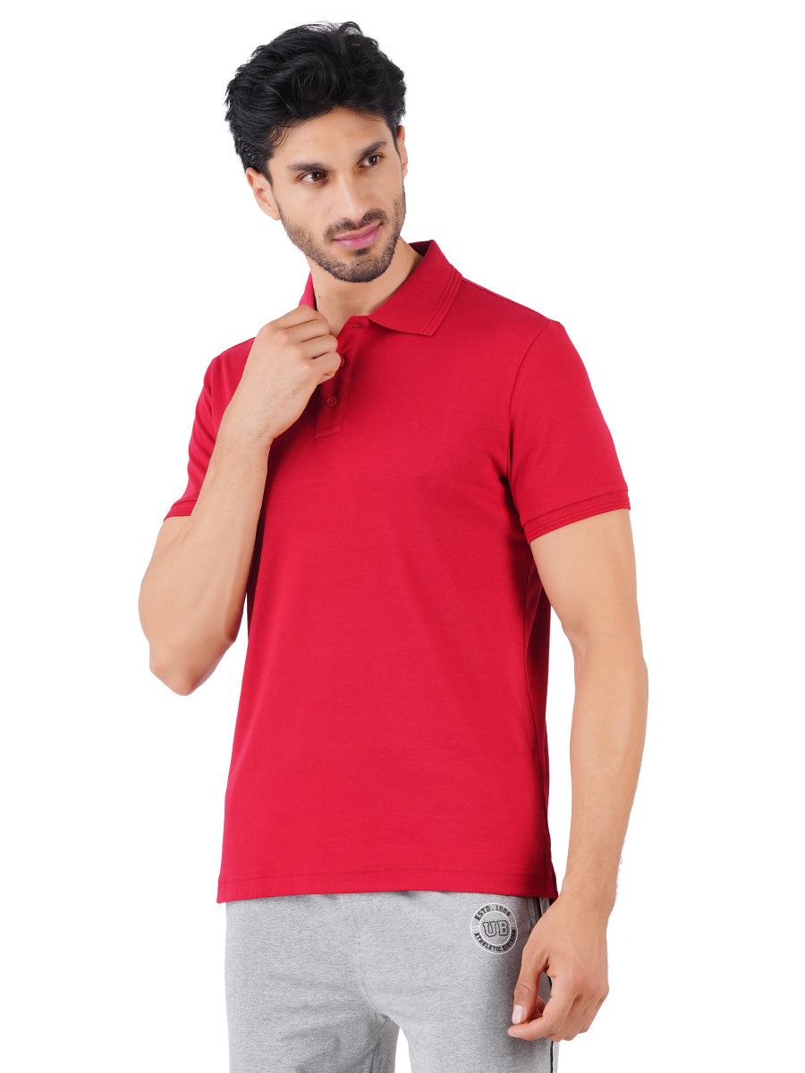 Men's Red Super Combed Cotton Half Sleeves Polo T-Shirt-Side view