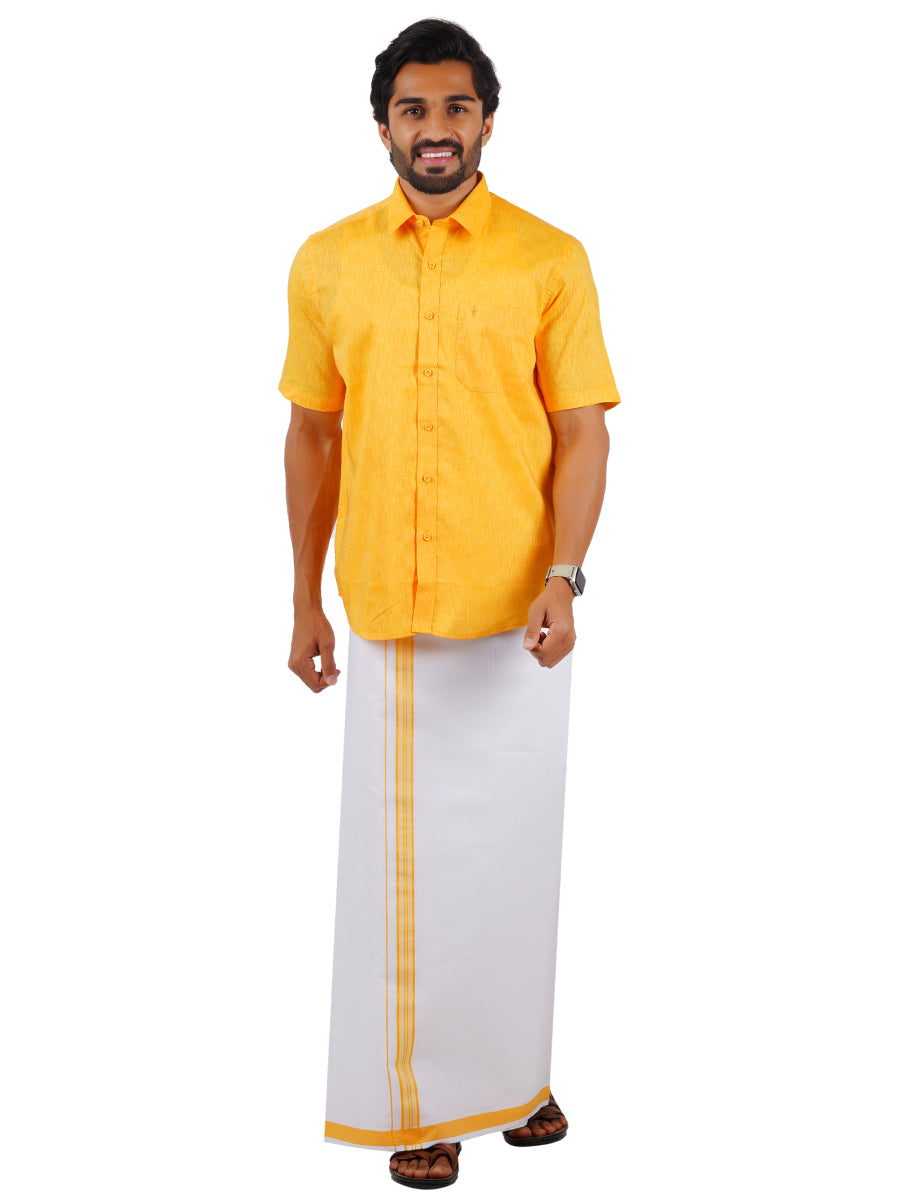 Mens Matching Border Dhoti & Shirt Set Half Gold C3