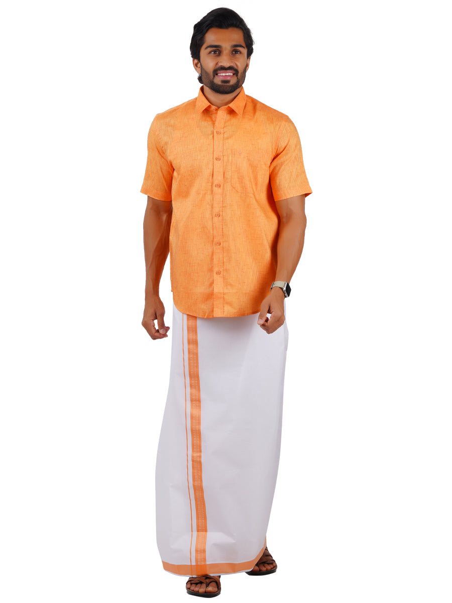 Mens Matching Border Dhoti & Shirt Set Half Orange C2