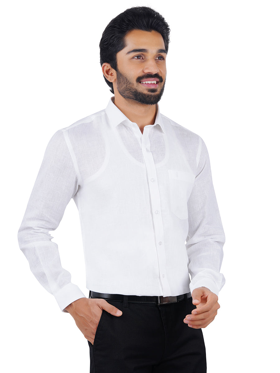 Mens 100% Pure Linen Full Sleeves White Shirt 5445-Side view