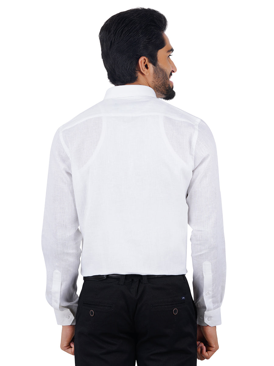 Mens 100% Pure Linen Full Sleeves White Shirt 5445-Back view
