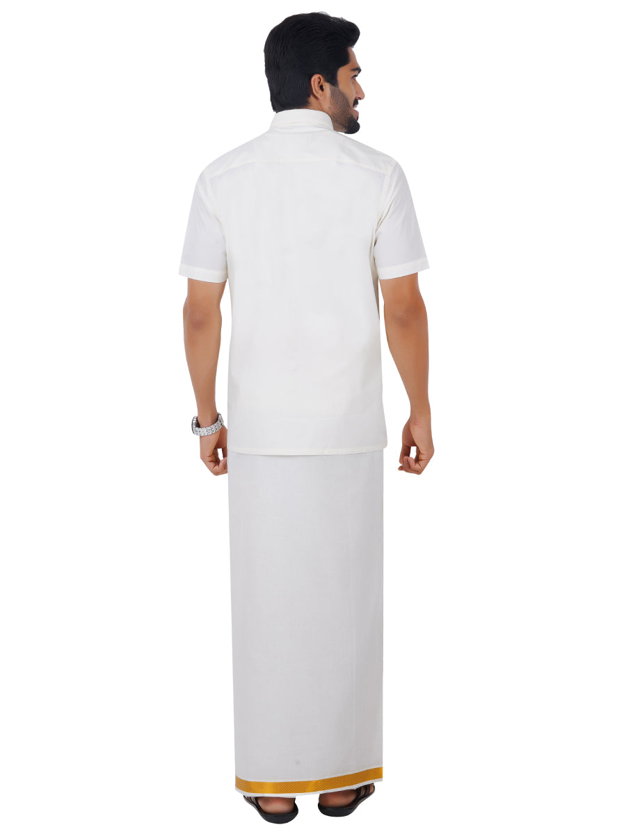 Mens Half Sleeves Cream Shirt with 1'' Gold Jari Dhoti Combo-Back view