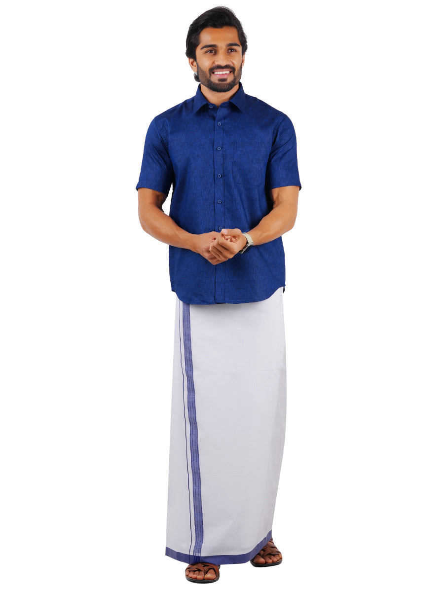 Mens Matching Border Dhoti & Shirt Set Half Blue C80