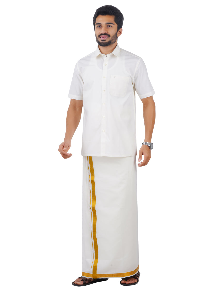Mens Half Sleeves Cream Shirt with 1'' Gold Jari Dhoti Combo-Side view