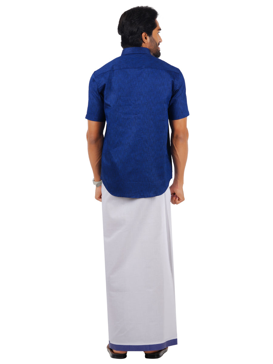 Mens Matching Border Dhoti & Shirt Set Half Blue C80-Back view