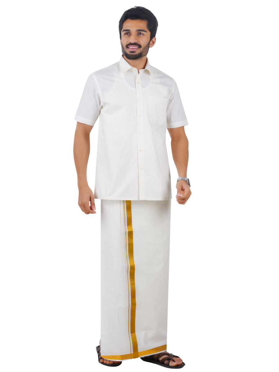 Mens Half Sleeves Cream Shirt with 1'' Gold Jari Dhoti Combo-Full view