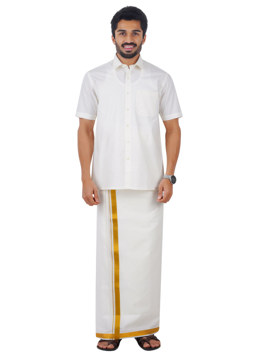 Mens Half Sleeves Cream Shirt with 1'' Gold Jari Dhoti Combo