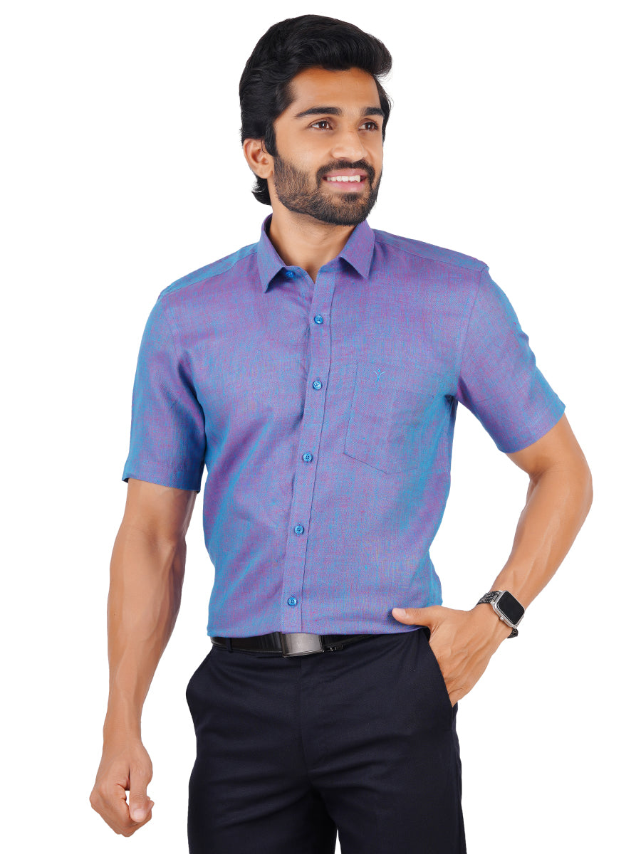 Mens Pure Linen Half Sleeves Shirt Purple-Front view