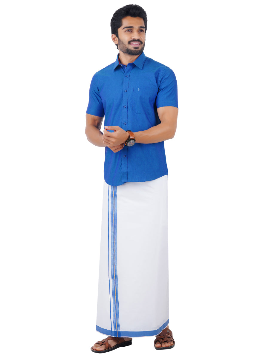 Mens Fancy Border Dhoti & Shirt Set Half Sleeves Blue G101-Front view