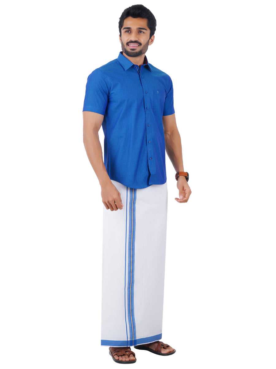 Mens Fancy Border Dhoti & Shirt Set Half Sleeves Blue G101-Side view