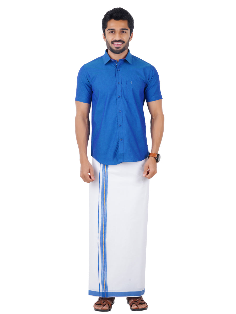 Mens Fancy Border Dhoti & Shirt Set Half Sleeves Blue G101