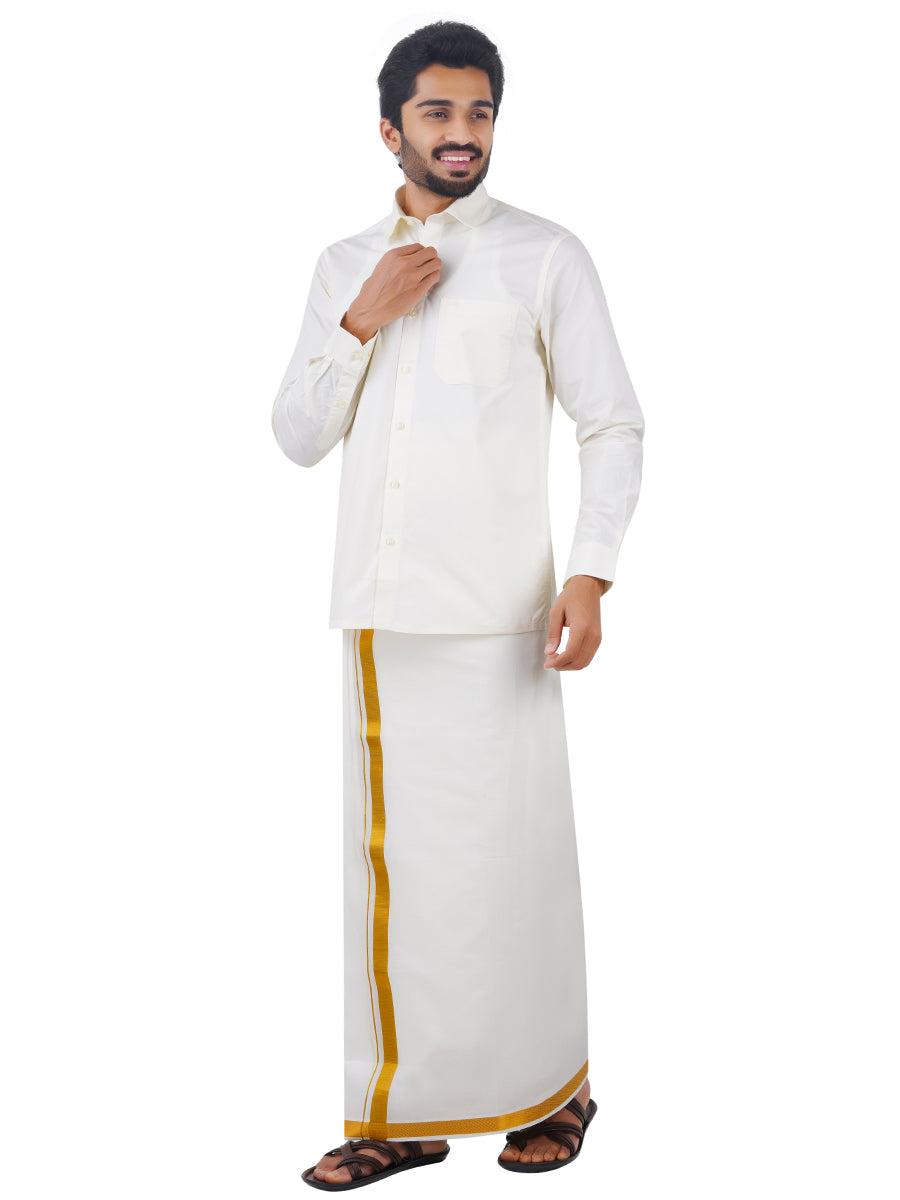 Mens Cotton Gold Jari 1" Double Dhoti with Full Sleeves Cream Shirt Combo-Front view