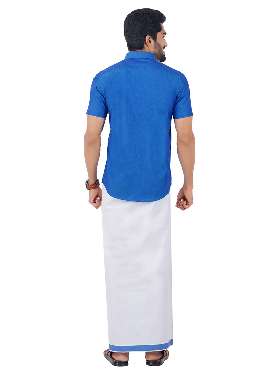 Mens Fancy Border Dhoti & Shirt Set Half Sleeves Blue G101-Back view