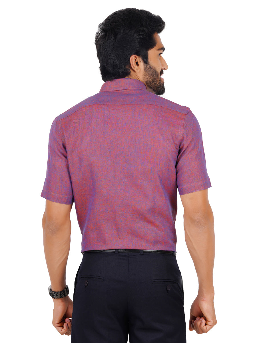 Mens Pure Linen Half Sleeves Shirt Purple-Back view