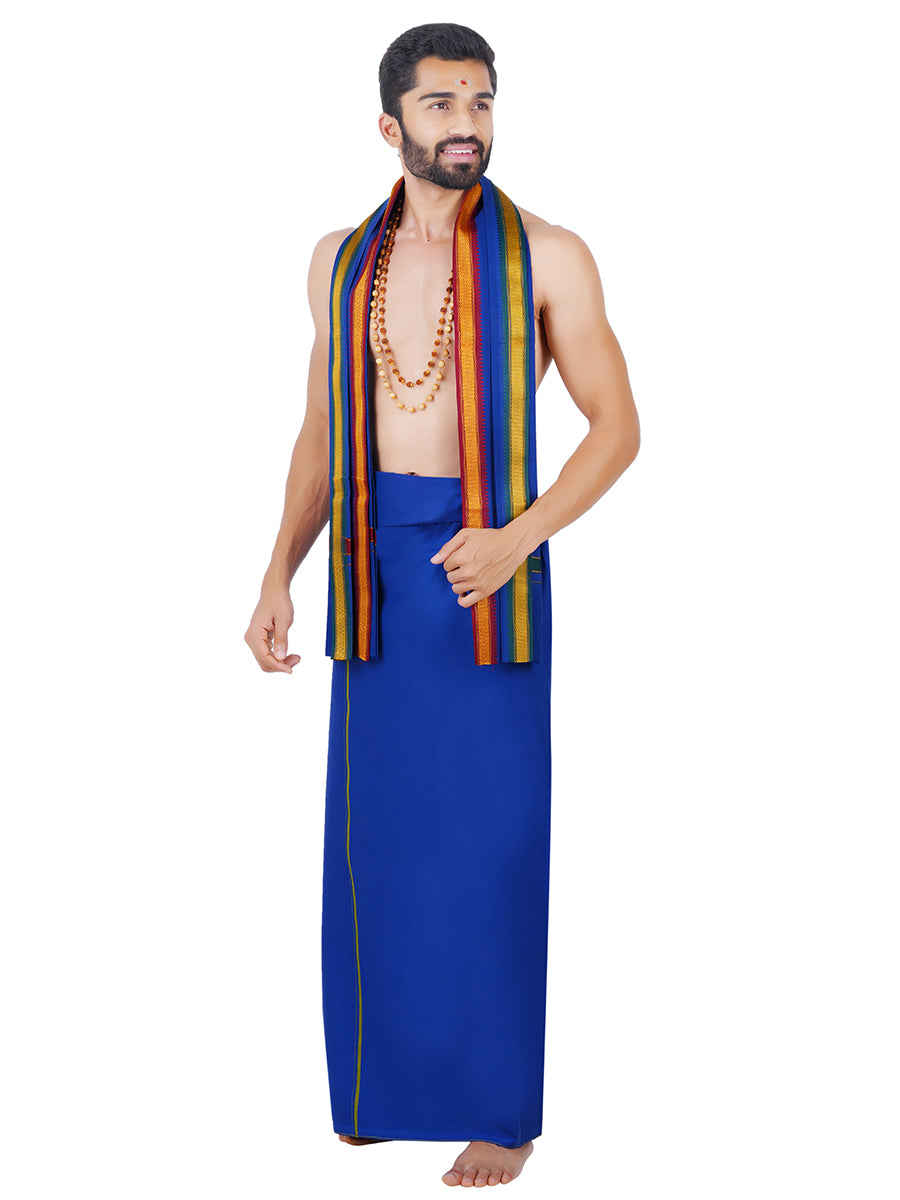 Mens Color Dhoti with Small Border Golden Blue-Side view