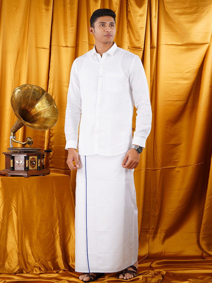 Mens Starch Finish White Dhoti & Full Sleeve Shirt Bright Man Set-Full view