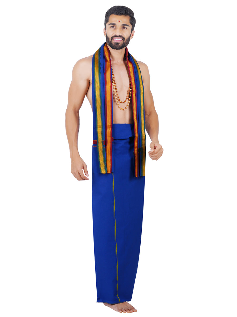 Mens Color Dhoti with Small Border Golden Blue-Side alternative view