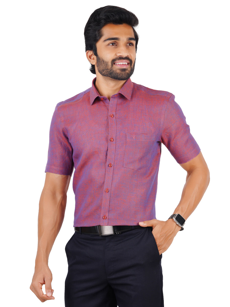 Mens Pure Linen Half Sleeves Shirt Purple-Front view