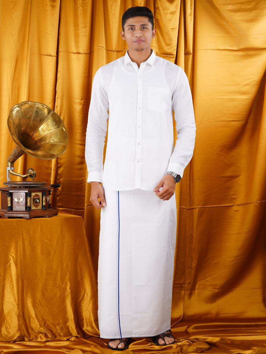 Mens Starch Finish White Dhoti & Full Sleeve Shirt Bright Man Set