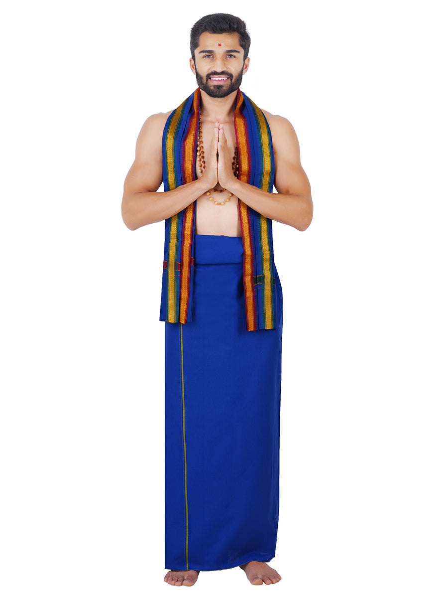 Mens Color Dhoti with Small Border Golden Blue
