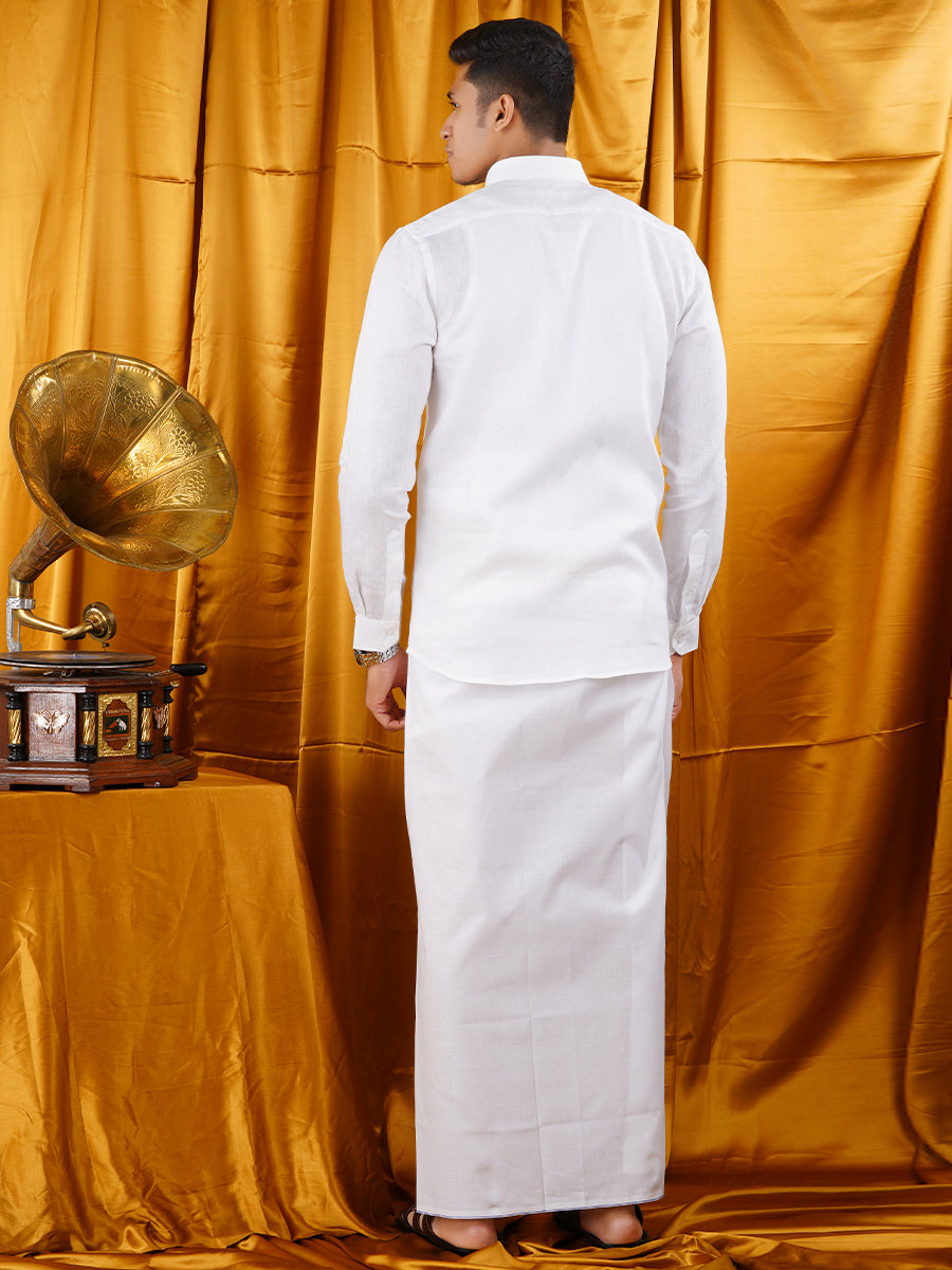 Mens Starch Finish White Dhoti & Full Sleeve Shirt Bright Man Set-Back view