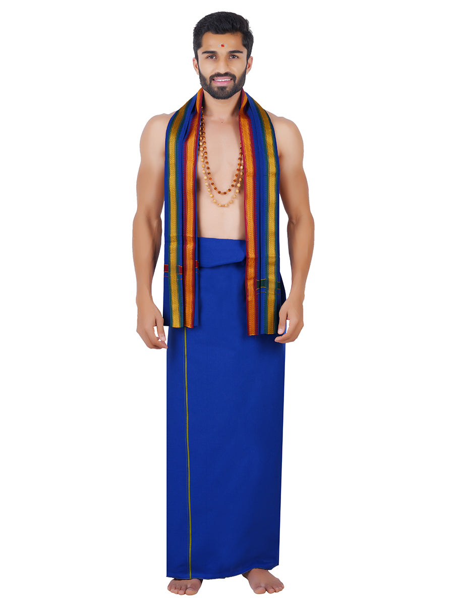Mens Color Dhoti with Small Border Golden Blue-Front view
