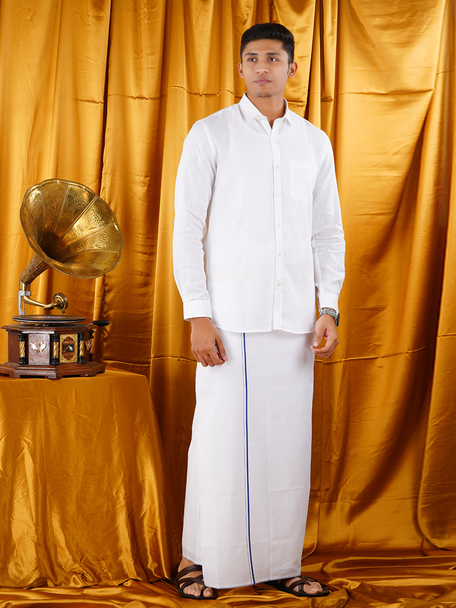 Mens Starch Finish White Dhoti & Full Sleeve Shirt Bright Man Set-Front view