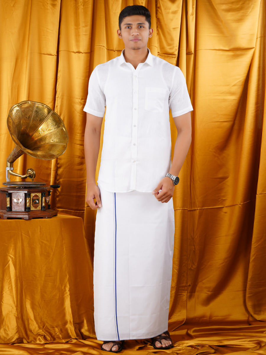 Mens Starch Finish White Dhoti & Half Sleeve Shirt Bright Man Set-Front view