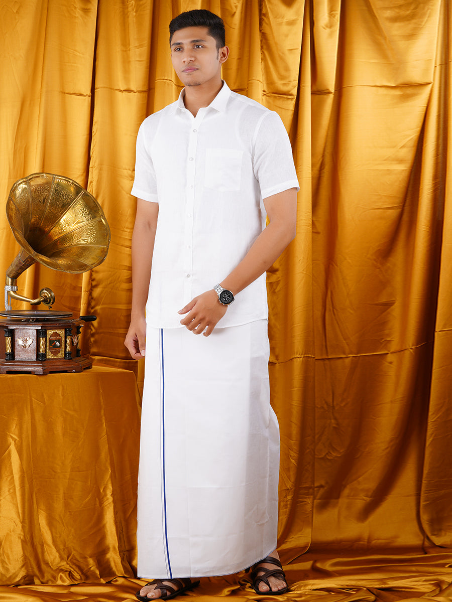 Mens Starch Finish White Dhoti & Half Sleeve Shirt Bright Man Set