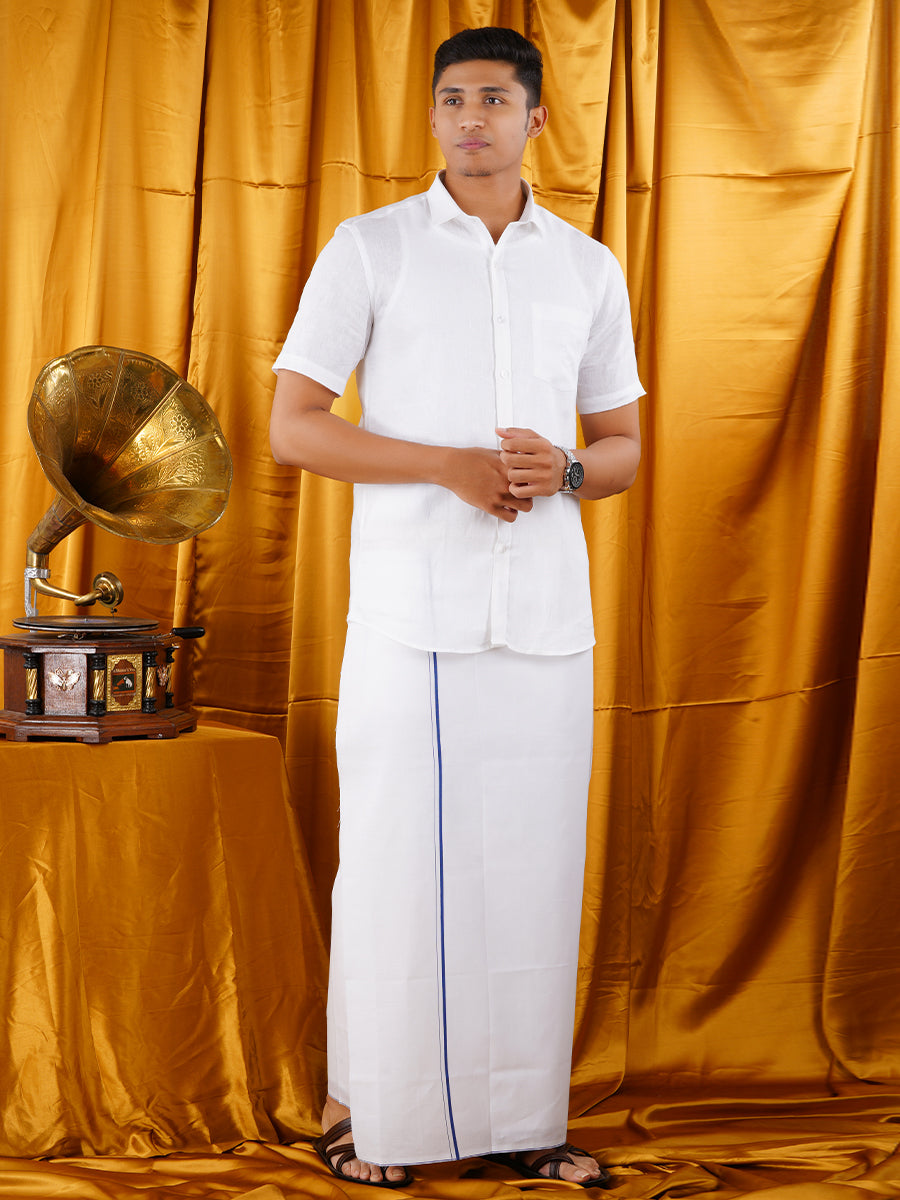 Mens Starch Finish White Dhoti & Half Sleeve Shirt Bright Man Set-Full view