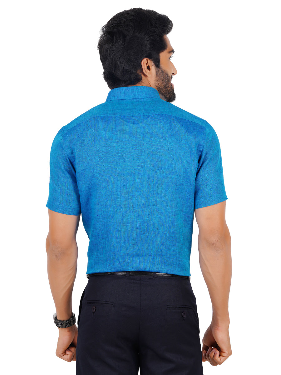 Mens Pure Linen Half Sleeves Shirt Blue-Back view
