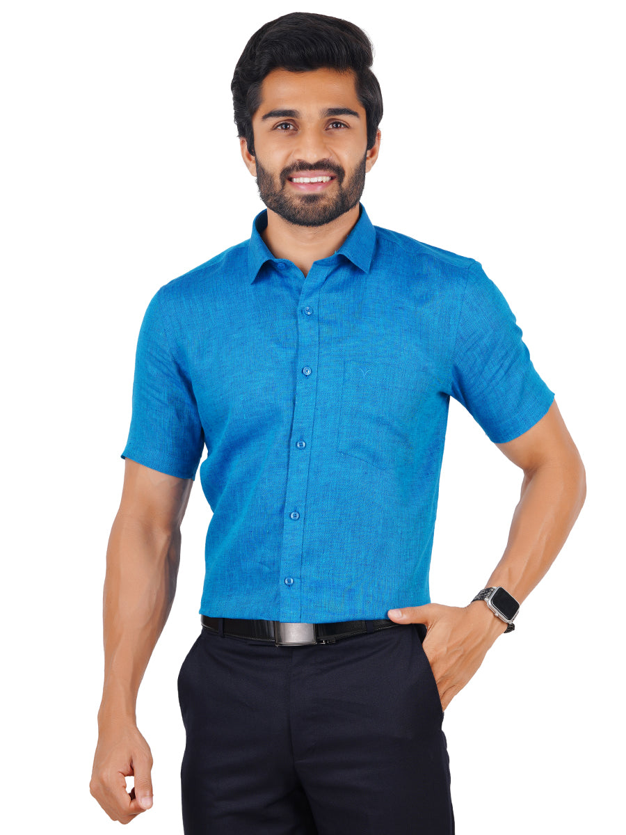 Mens Pure Linen Half Sleeves Shirt Blue-Front view