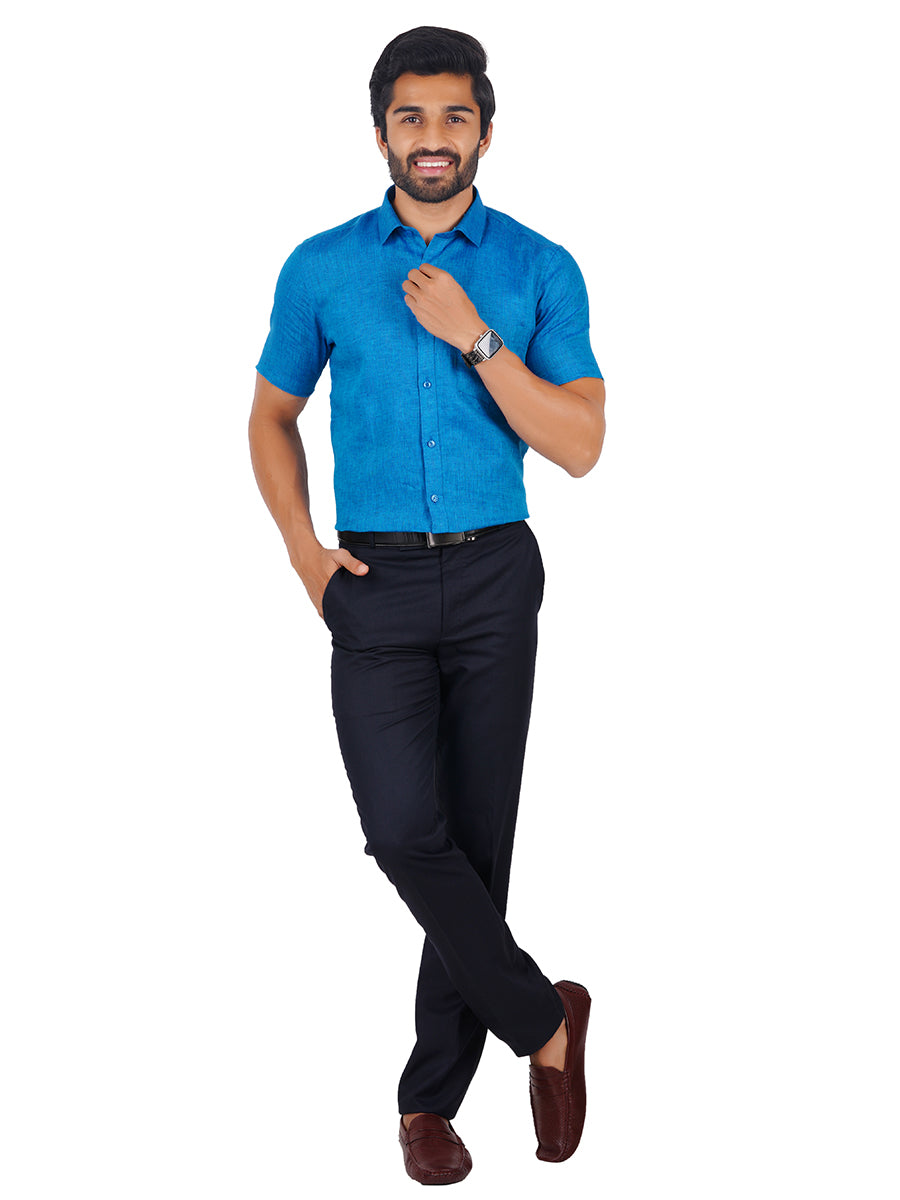 Mens Pure Linen Half Sleeves Shirt Blue-Full view