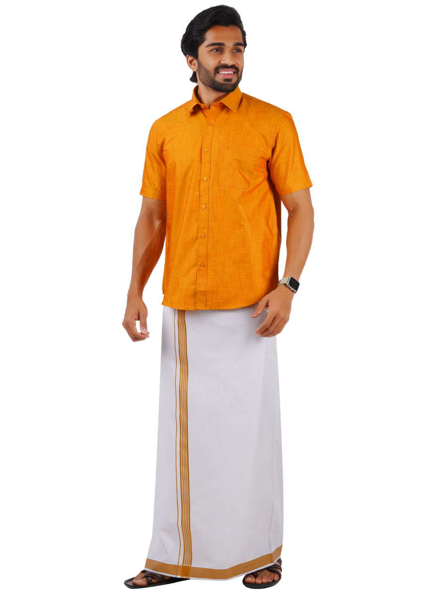 Mens Matching Jari Border Dhoti & Shirt Set Half Yellow VB2-Full view
