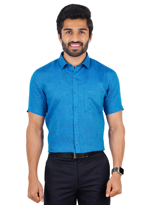 Mens Pure Linen Half Sleeves Shirt Blue