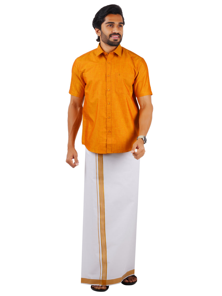 Mens Matching Jari Border Dhoti & Shirt Set Half Yellow VB2