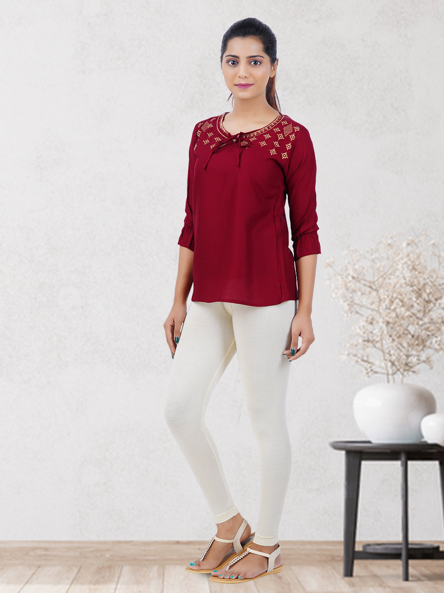 Ankle Fit Mixed Cotton with Spandex Stretchable Leggings Cream-Full view