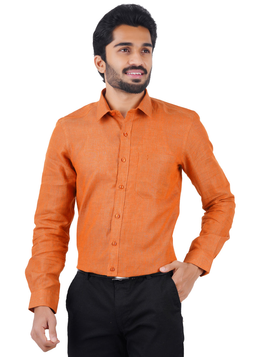 Mens Pure Linen Full Sleeves Shirt Dark Orange-Front view