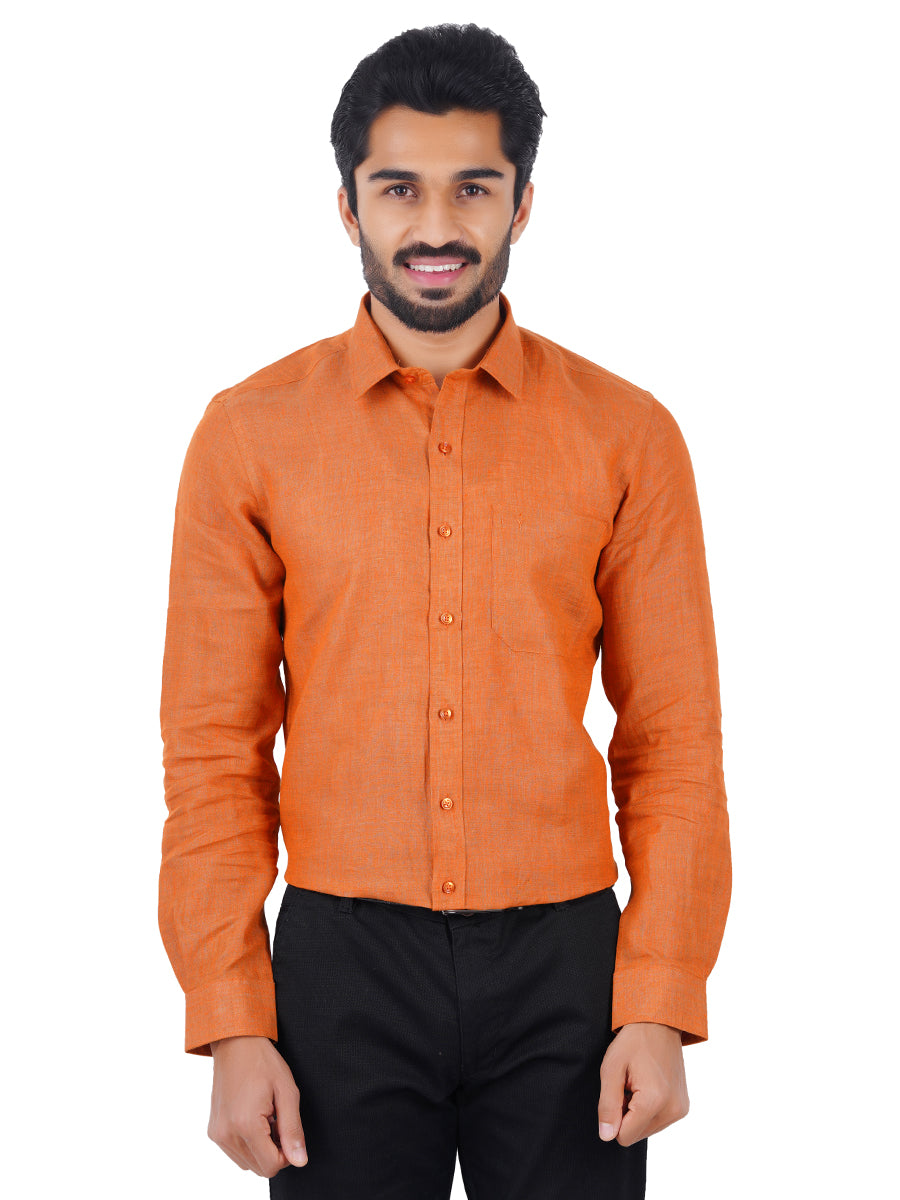 Mens Pure Linen Full Sleeves Shirt Dark Orange