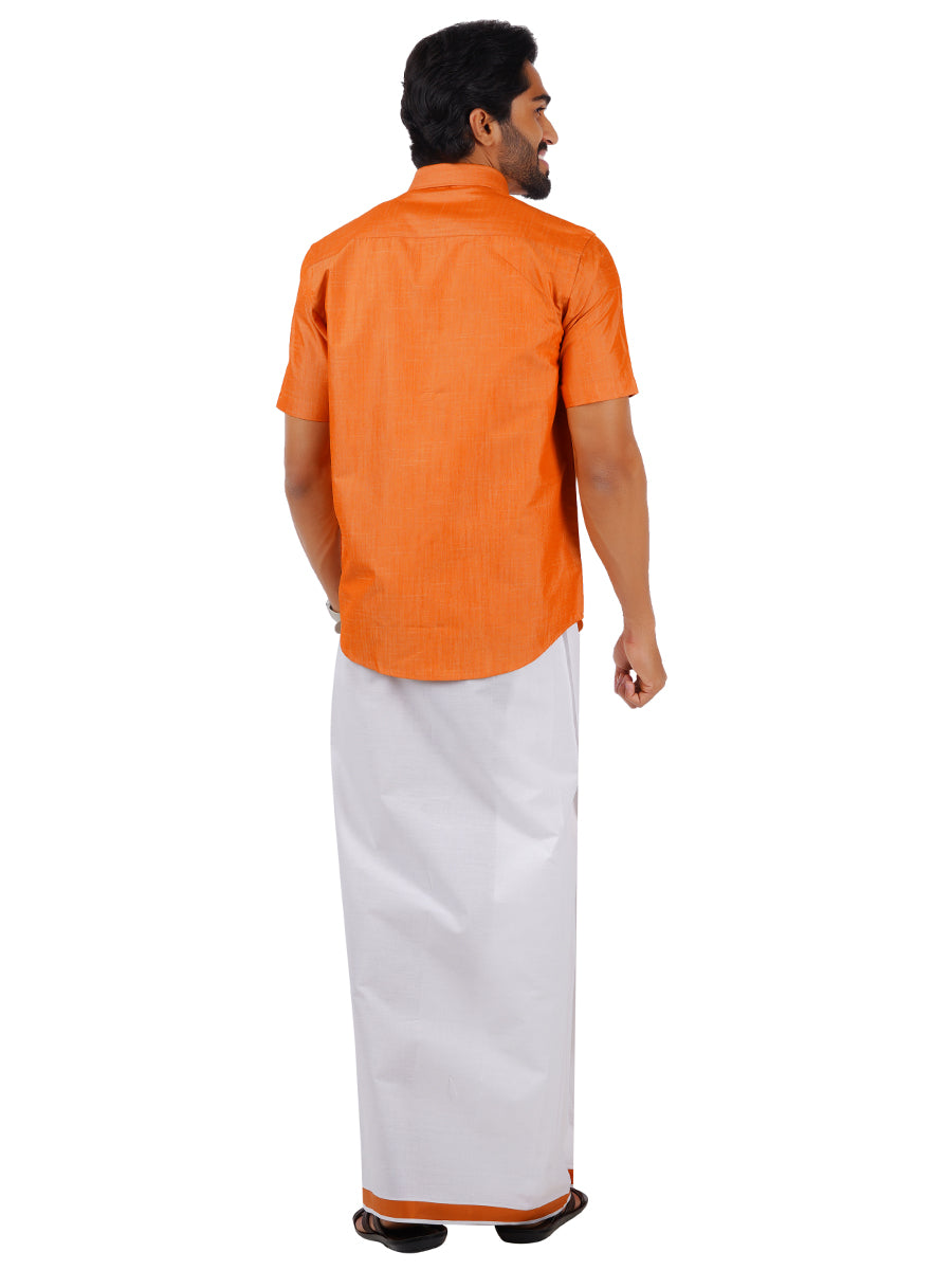 Mens Matching Jari Border Dhoti & Shirt Set Half Orange VB4-Back view